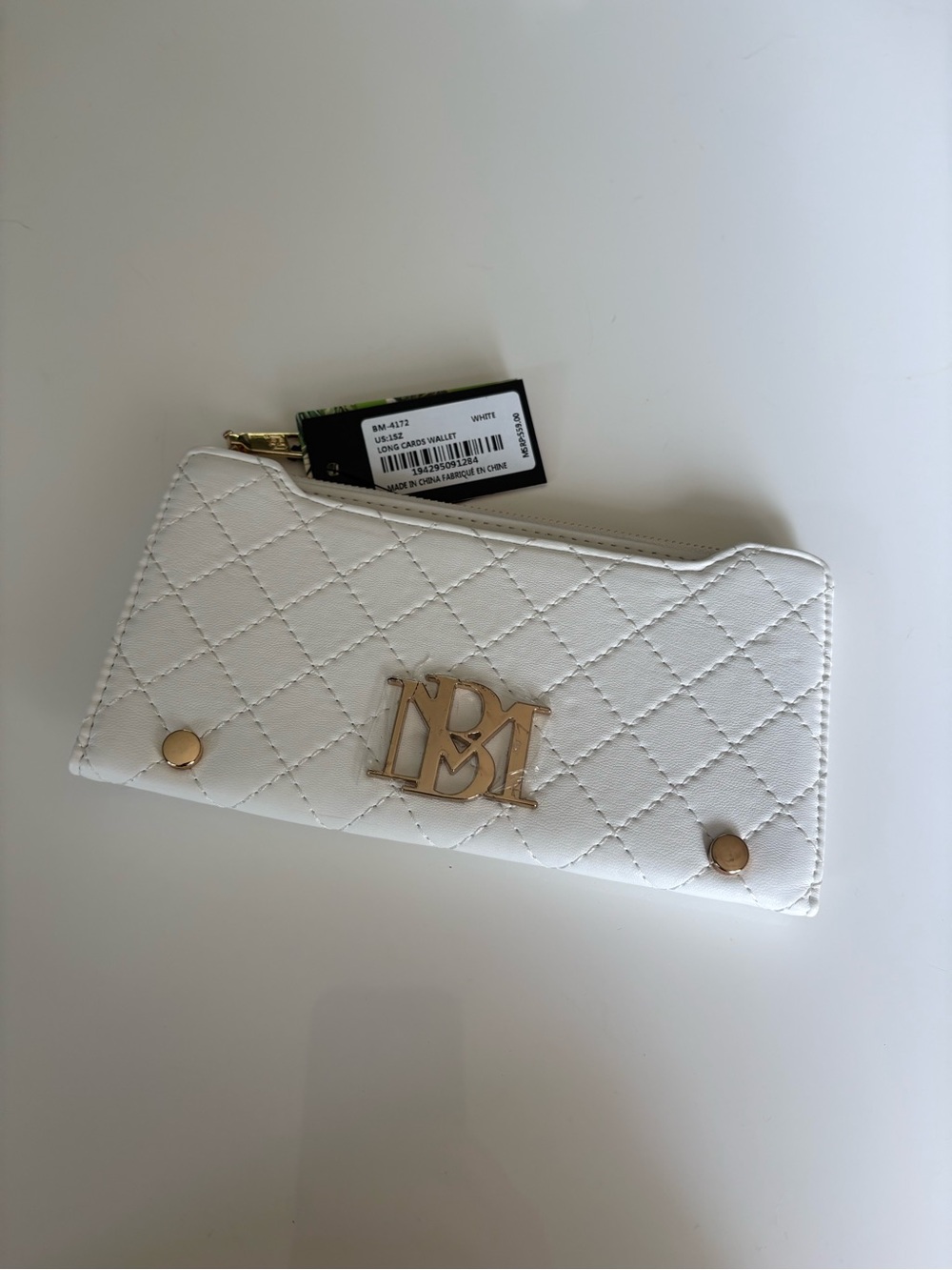 Badgley Mischka White Quilted Wallet with Gold Logo